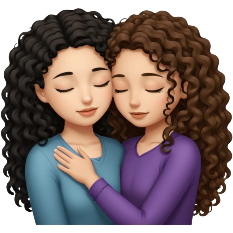 Both girls eyes closed facing each other foreheads touching Girl with really long black curly wavy hair taller and light brown tan skin hugging another girl with medium length brunette curly hair short and long eyelashes emoji