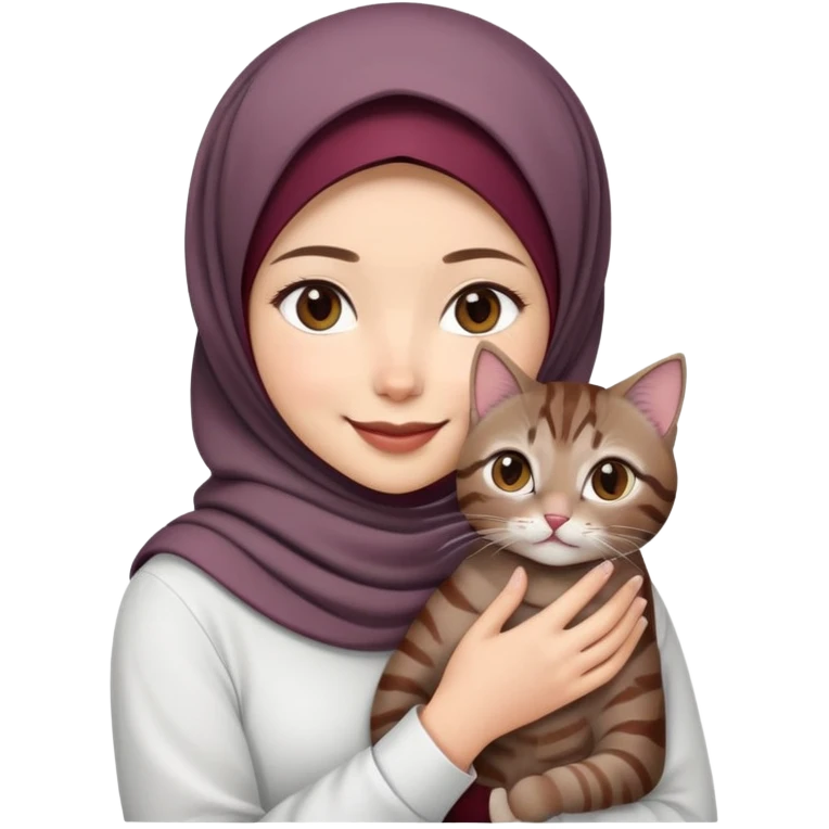 Asian white Girl wearing dark maroon hijab with white shirt smiling while holding a black brown grey tabby cat emoji