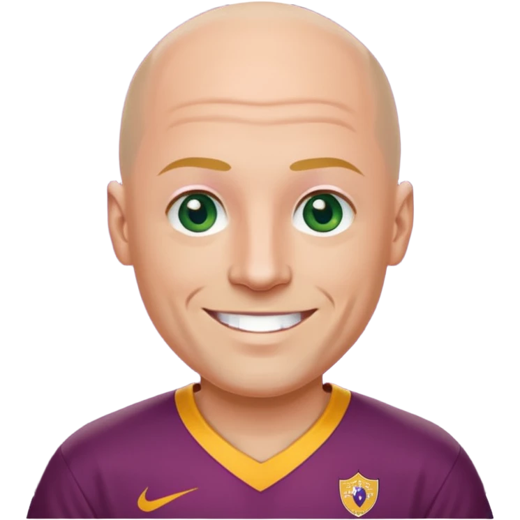 young-ish 50 year old man dressed in a brisbane broncos jersey, bald head, fair skin, happy face, blueish green eyes emoji