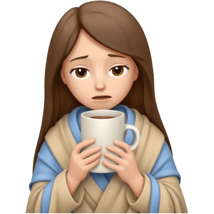 emoji-style illustration of a sad crying woman with long straight brown hair, wrapped in a cozy beige blanket, holding a mug cup, minimalistic look, front-facing, soft 3D cartoon rendering, plain background emoji