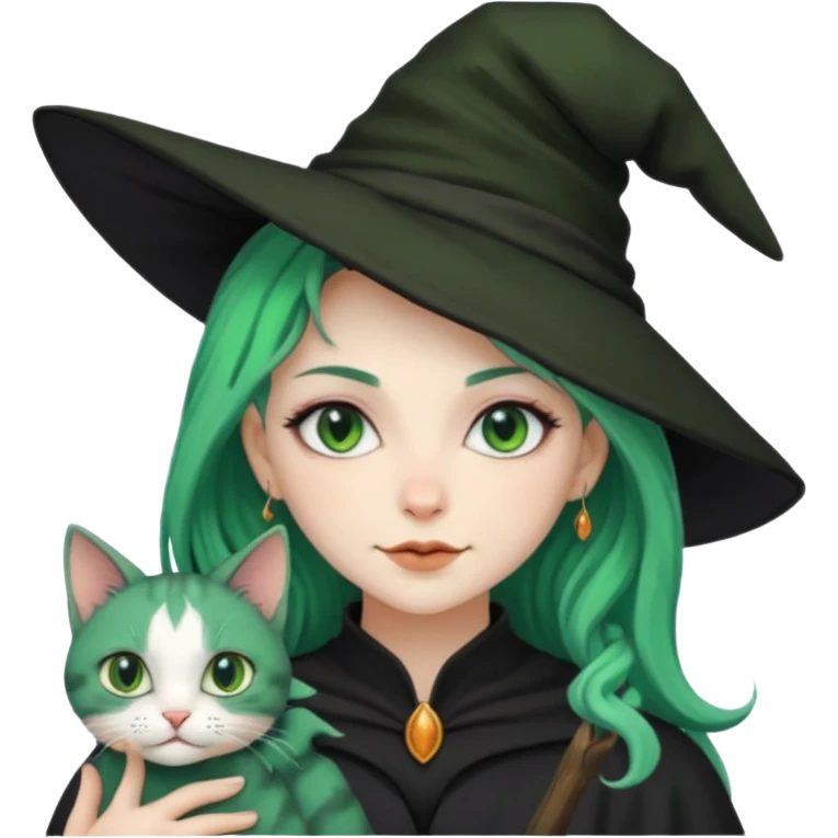 Witch with cat companion, green haired emoji
