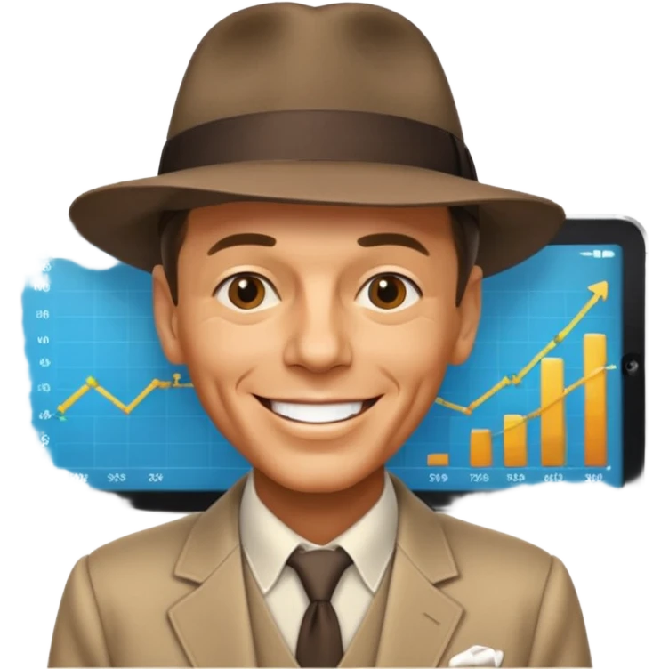 Frank Sinatra with the hat on, smiling and showing data analytics on a screen in the background emoji