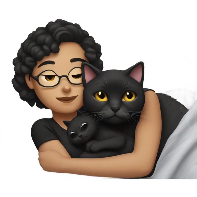 Pale white young woman with short dark curly hair with glasses cuddling, sleeping in bed with one black cat emoji