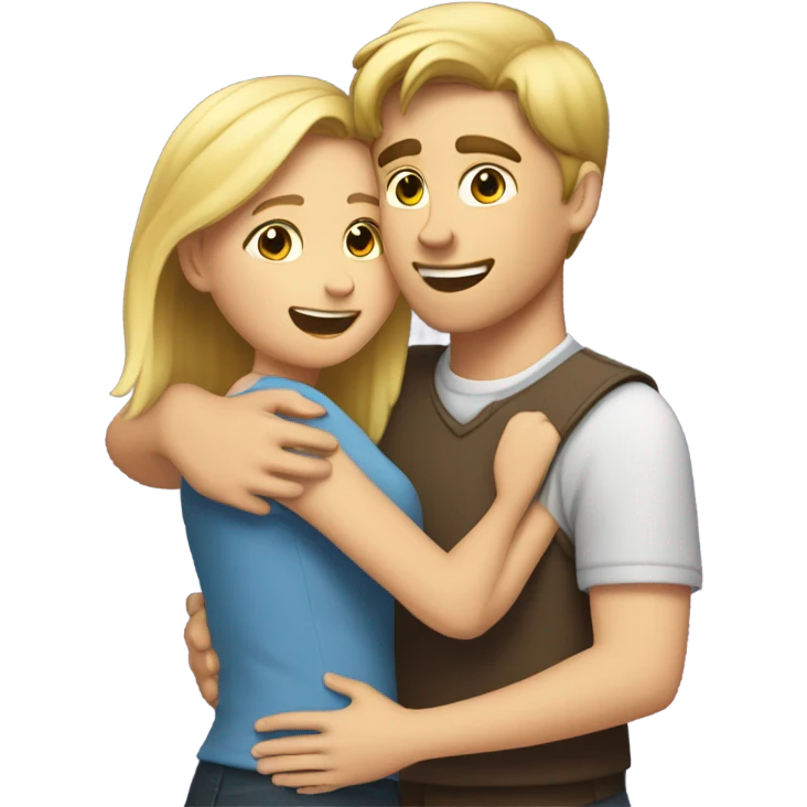 The girl hugs the guy. The girl has brown hair, and the guy has blonde hair. emoji