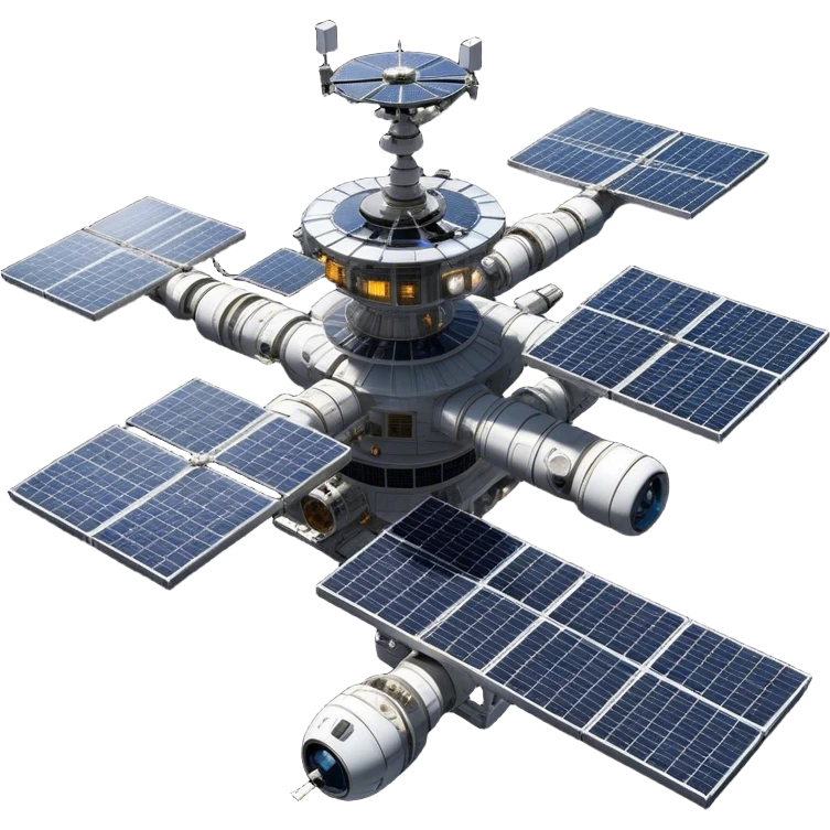  Cinematic Realistic Space Station – A highly detailed, sprawling orbital station with complex solar panels and intricate docking modules. The metallic structure glows faintly from reflected sunlight, with the curvature of Earth and the deep blackness of space in the background. emoji