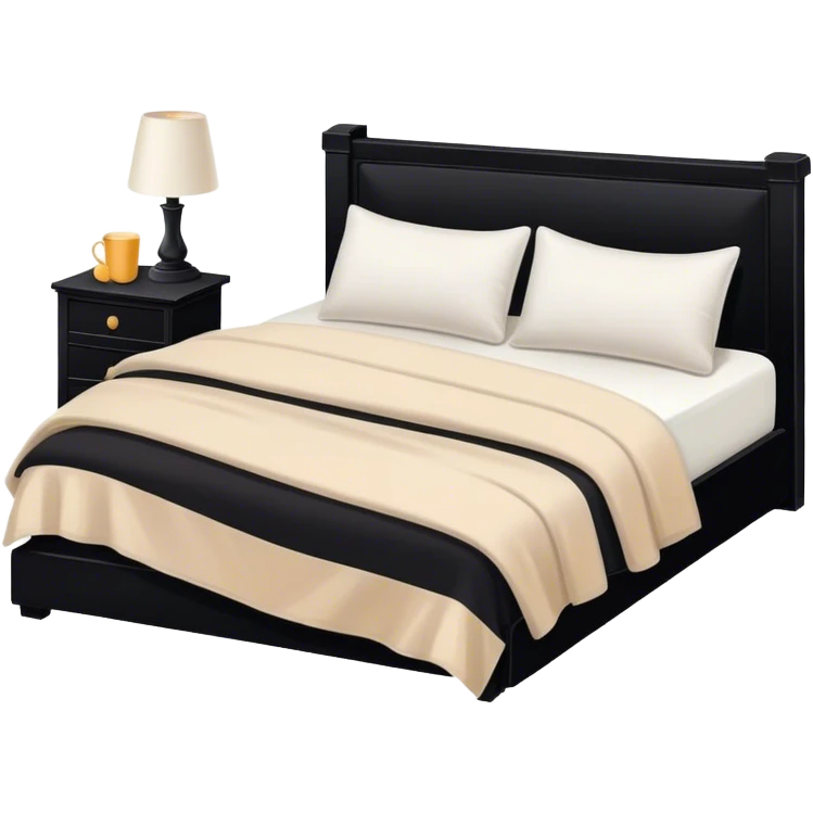 Black bed with pillows and blankets, cozy vibe white and beige emoji