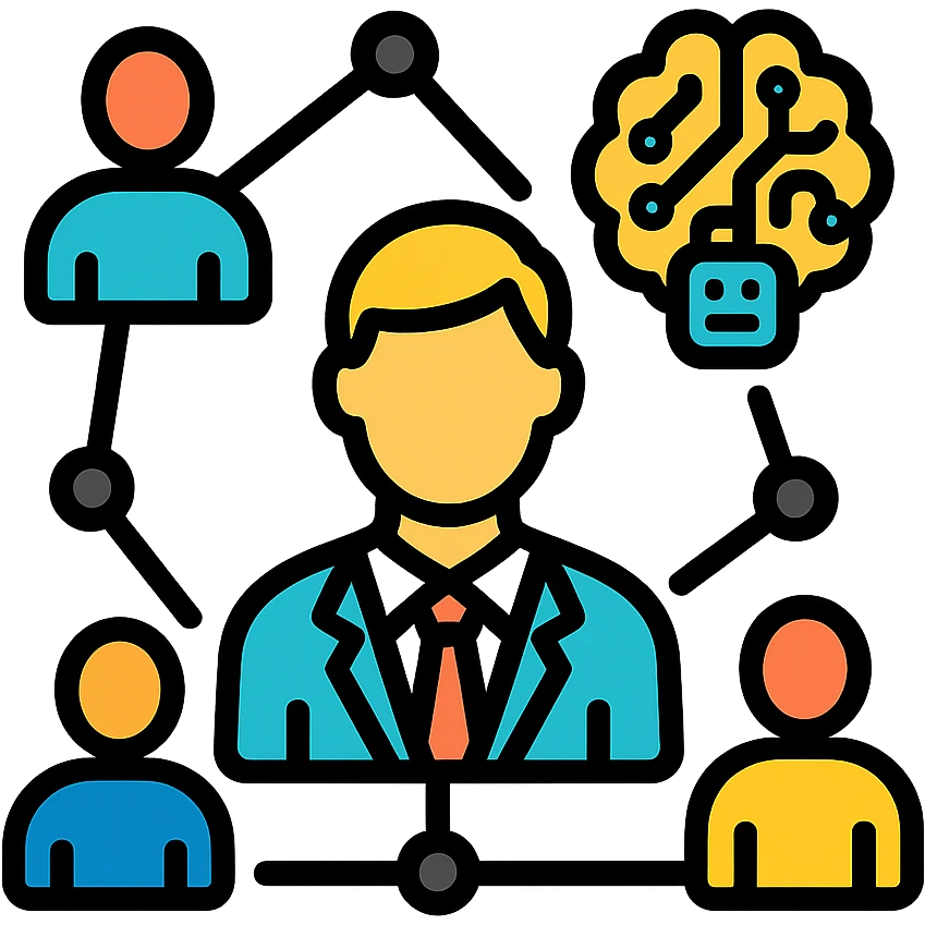 modern icon for a manager-focused AI community, showing people connected by network nodes and a hint of AI, such as a digital brain or robot outline emoji