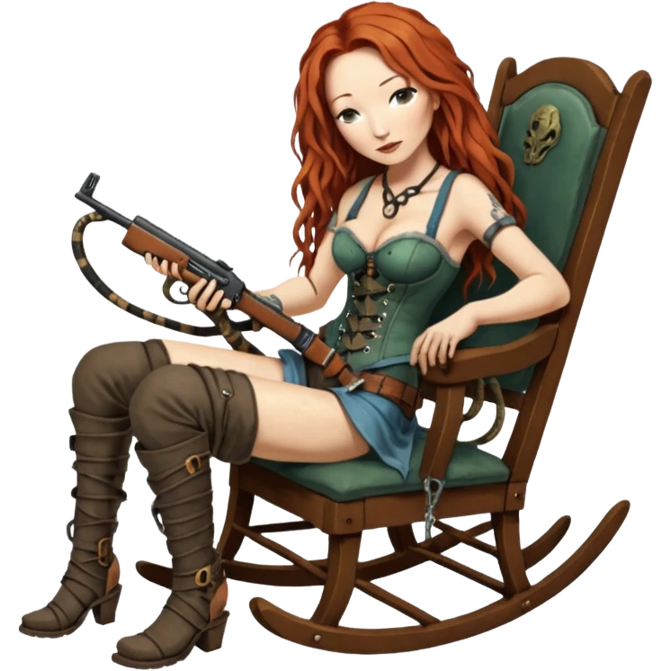 solarpunk ultra HD very old and tired Tori Amos casually crouches on a rocking chair in a torn corset, holding a lintlock double-barreled rifle and with muddy feet. a bronze snake wrapped itself around the chair emoji