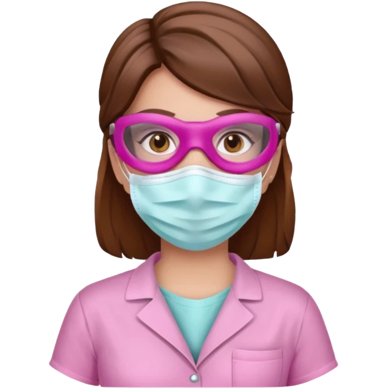 Dentista mujer con mascarilla rosada, cabellos marron, piel blanca, camisa rosada, ojos marrones emoji