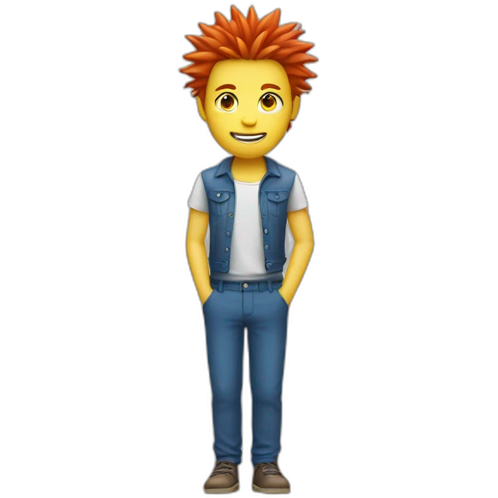 The person wears yellow, has spiky red hair, white skin, and blue eyes and pants emoji