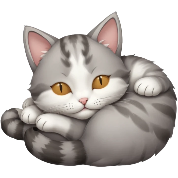 grey and white small cat with eyes closed lying down upside down tightly hugging its own face emoji