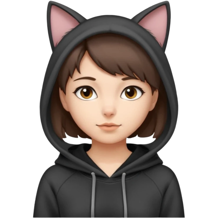 a girl with short brown hair, grey cat ears and a tail, with a black hoodie on  emoji
