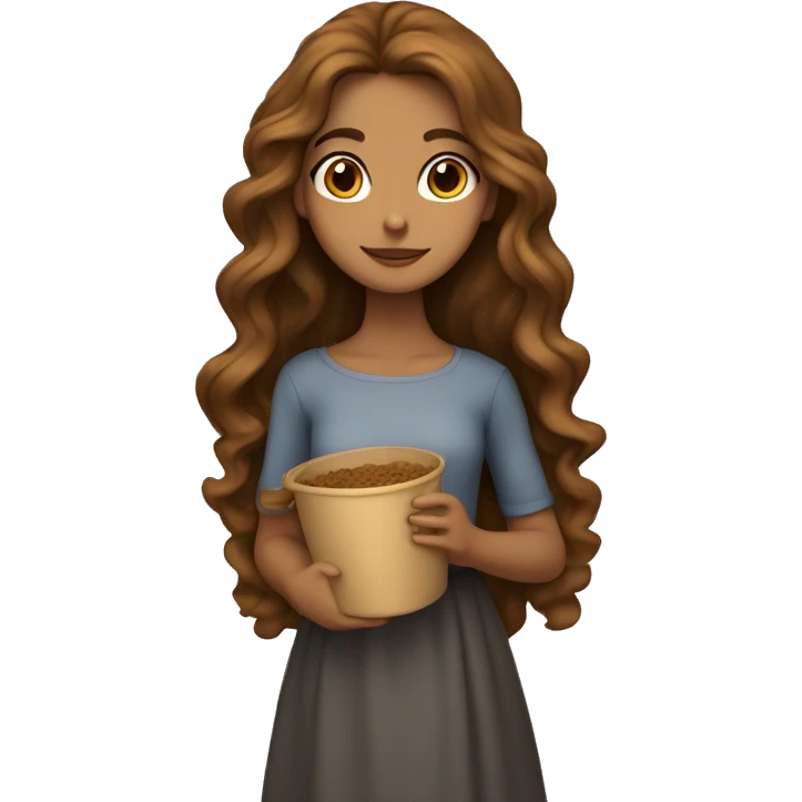 tan girl with long wavy brown hair, holding a calico vat emoji
