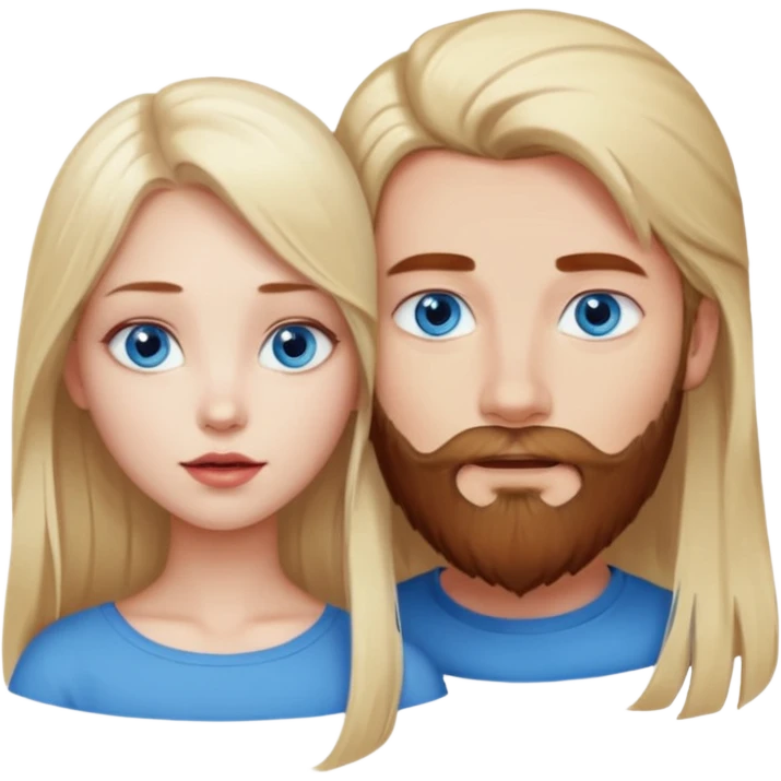 Long-pale-blonde hair, beautiful girl with blue eyes facing, lips touching, reddish-brown hair-beard boy blue eyed white guy emoji