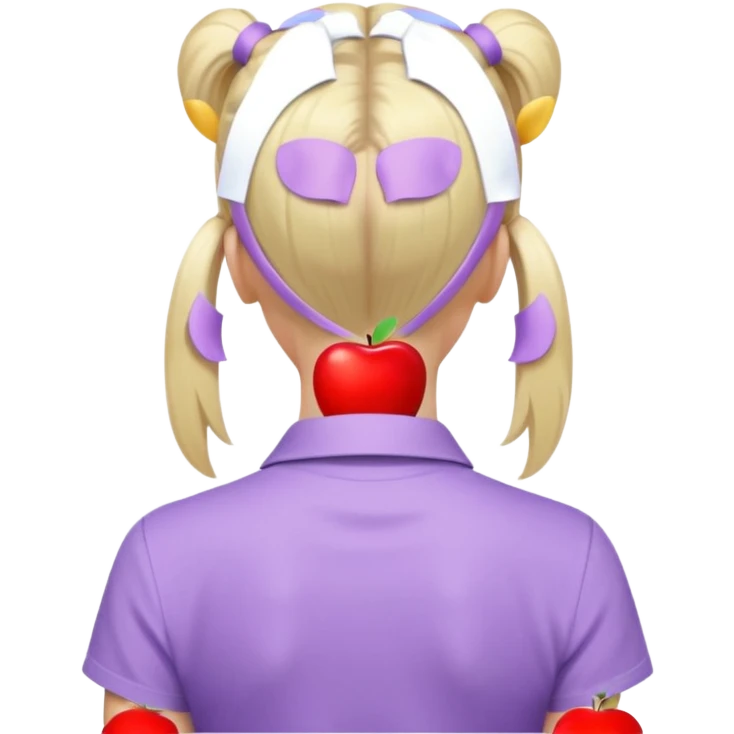 back view of a person with a high light blonde ponytail, wearing a pastel purple shirt, iOS Apple emoji style emoji