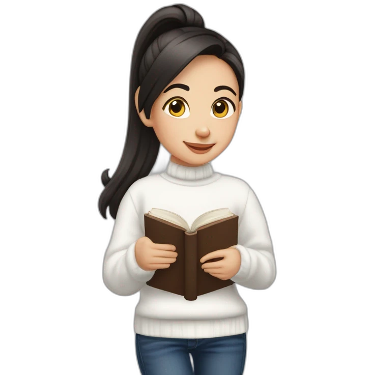 dark haired girl with a pony tail, wearing a white sweater with a new year ornament, in dark blue jeans. She is holding a book of English grammar in her hands. emoji