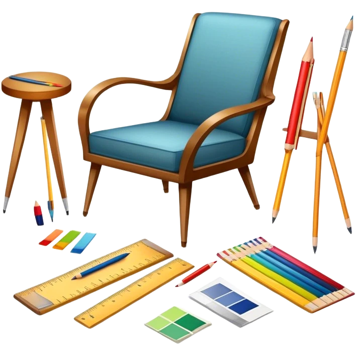 Icon for Furniture Design: a sketch of a stylish piece of furniture, like a chair or sofa, with design tools such as a ruler, pencil, and fabric swatches. The icon should represent creativity and craftsmanship in furniture design. Transparent background. emoji