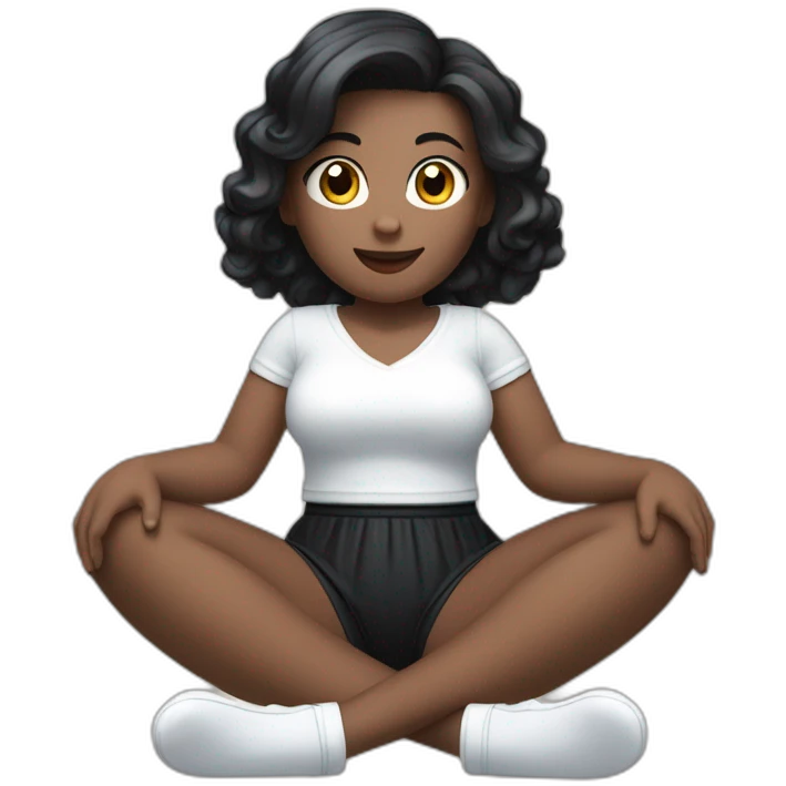 Front view full body curvy caucasian beauty sitting straight hands up black skirt white knickers white socks emoji