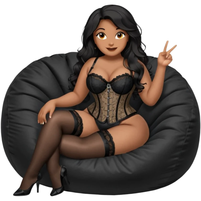 Curvy woman with brown skin with long wavy black hair, dark brown eyes. She's wearing a black lace corset, black lace thong, black stockings and suspender belt, she's sat on a big dark grey bean bag chair with her legs open and feet on the floor. Shes smiling with one hand pointing forward emoji