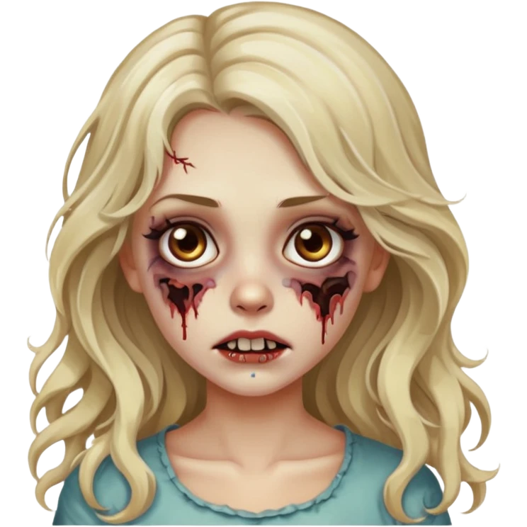 Emoji de menina zumbi bonita, cabelo longo, ondulado, castanho quase loiro, olhos castanhos  emoji