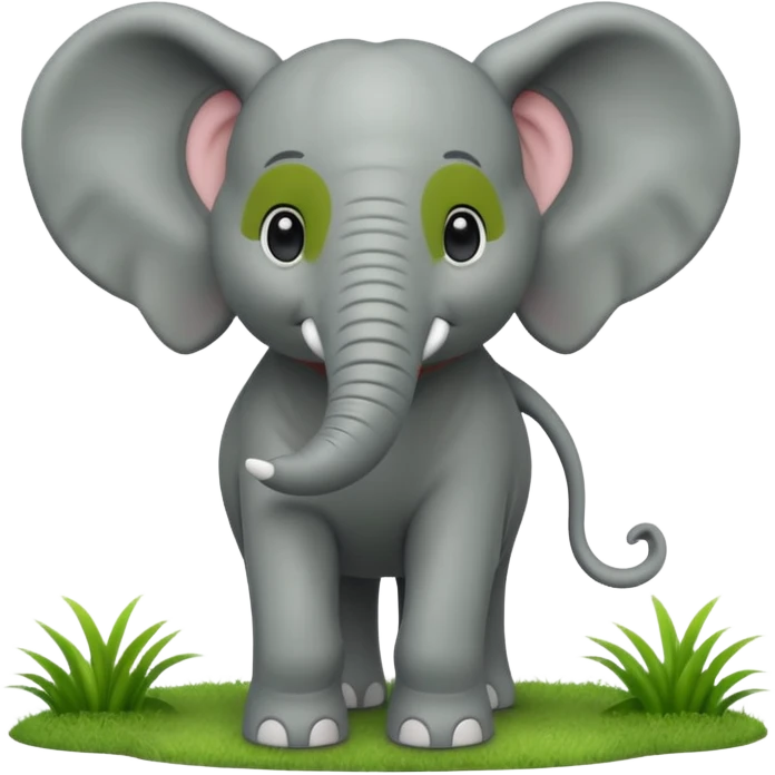 A large 3D cartoon elephant standing on green grass, smooth gray skin, big ears, curved trunk raised slightly, gentle smile, bright natural sunlight, Memoji-style. emoji