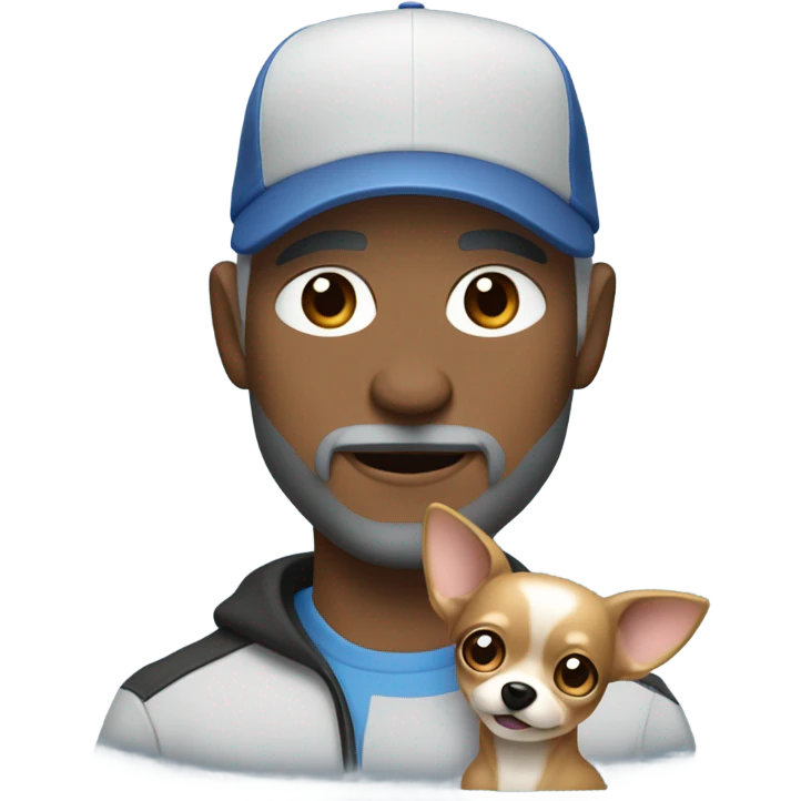 man with blue eyes gray hair and goatee wearing ball cap holding chihuahua with long black hair emoji