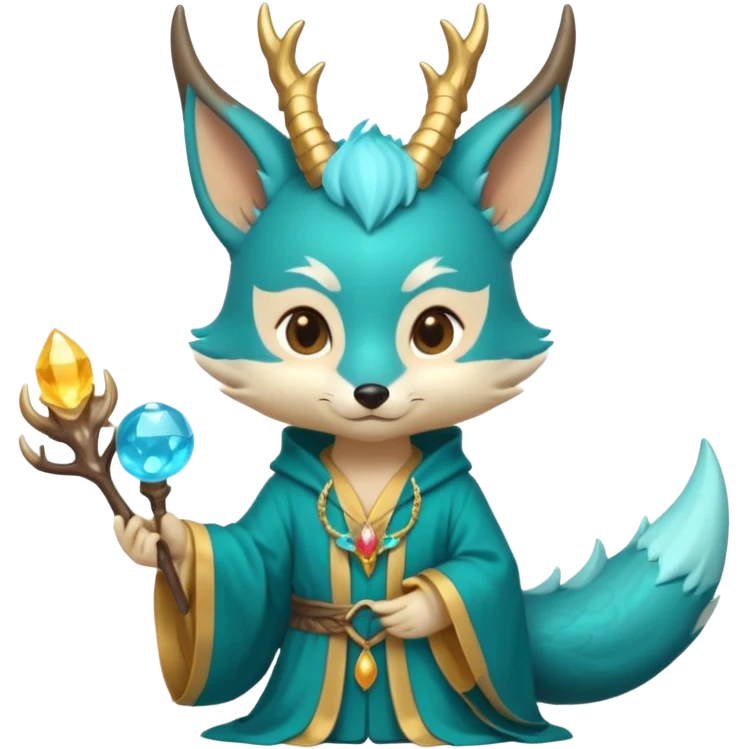 Chibi teal fox with small antler horns, confident magical expression, gold mark on forehead, teal-gold robe, holding glowing blue water orbs, with dragon tail with small antler horns on its head emoji