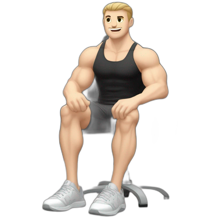 Pale skinned Fit Man With the biceps and dark brown hair in black shirt, gray sports shorts and white Sneakers Sitting on a chair emoji