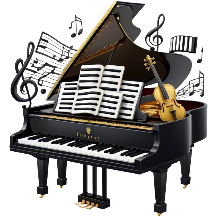 Create a sophisticated and celebratory emoji collage representing keyboard instruments, designed in the style of a coat of arms or crest. The design should feature a central, ornate grand piano with black and white keys, surrounded by a ribbon of musical notes. The ribbon should intertwine with a second ribbon made of black-and-white piano keys, creating a flowing, symmetrical pattern. Include delicate, elegant details such as the pedals of the grand piano, intricate woodwork, and the glossy, polished surface of the instrument. The musical notes should be swirling around the design in a harmonious, festive arrangement. Use gold, silver, and rich wood tones to evoke a sense of luxury and professionalism, with the black-and-white keys of the piano adding contrast. The background should remain transparent. emoji