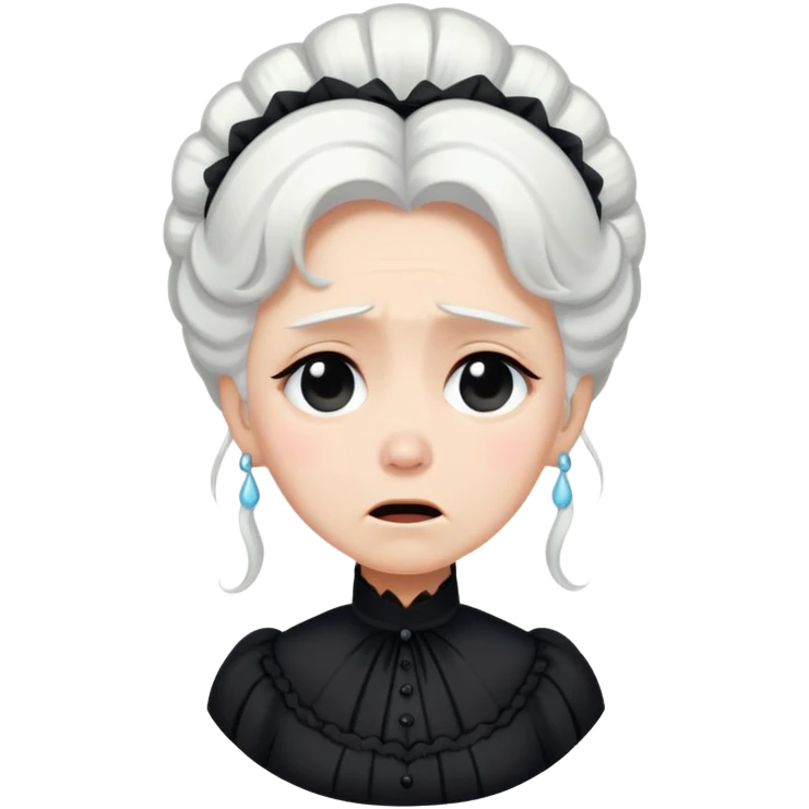 A Victorian woman with coiffed white hair wearing a modest black mourning dress sobbing with tears streaming down her face emoji