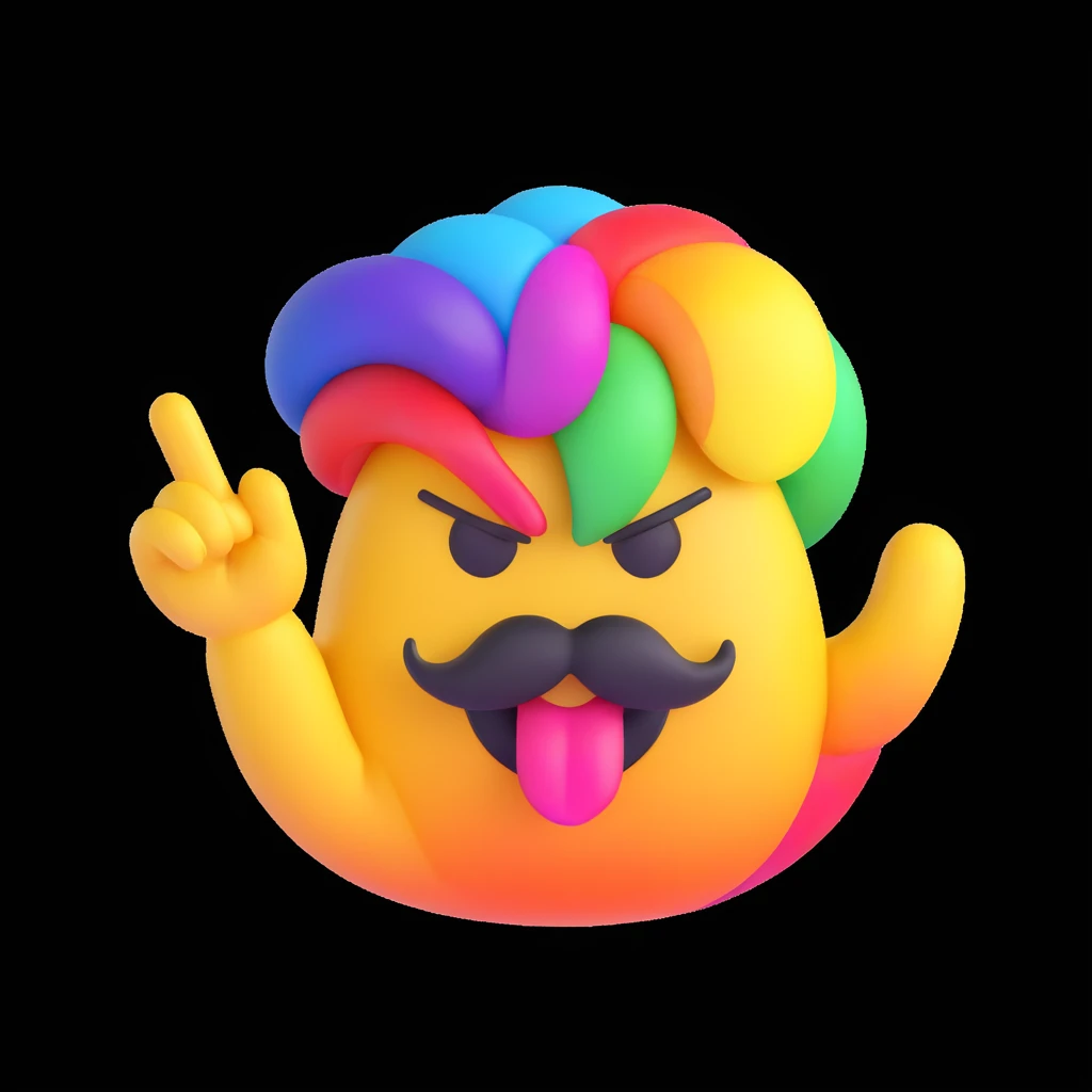 stylized angry mustached emoji, rainbow elements, flipping the bird emoji