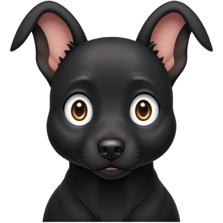 Shadow is a black dog with big upright ears and bright, expressive eyes. He has a sleek, dark coat and a calm but alert look. His face is gentle and intelligent, with a slightly curious expression. Shadow looks loyal, attentive, and a little playful, giving off both a protective and affectionate  emoji