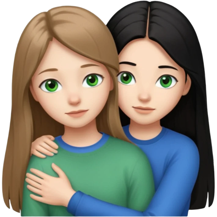 una ragazza dall‘ età di 19 anni con capelli castani chiaro lunghi e lisci ,  occhi CELESTI ,  e una ragazza di 17 anni capelli neri occhi verdi che si abbracciano   emoji