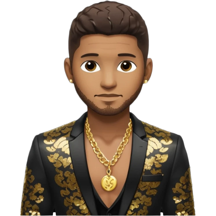 Usher with dark brown hair, black sequin suit jacket, shirtless with necklace emoji