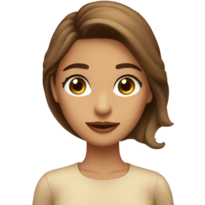 Chica morena con ojos marrones claros cabello color caramelo lacio con fleco y blusa beige emoji