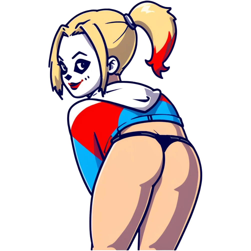 Harley Quinn without shorts and pigtails, standing with her back to us, leaning forward, looking over her shoulder. Like a teasing sticker in telegram style emoji