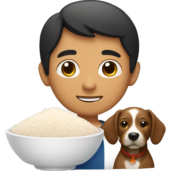 A brown Asian boy with a bowl of rice and a dog  emoji