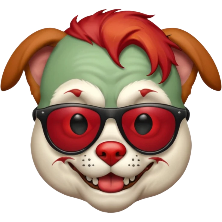 Zombie dog with sun glasses and red hair and joker nose emoji