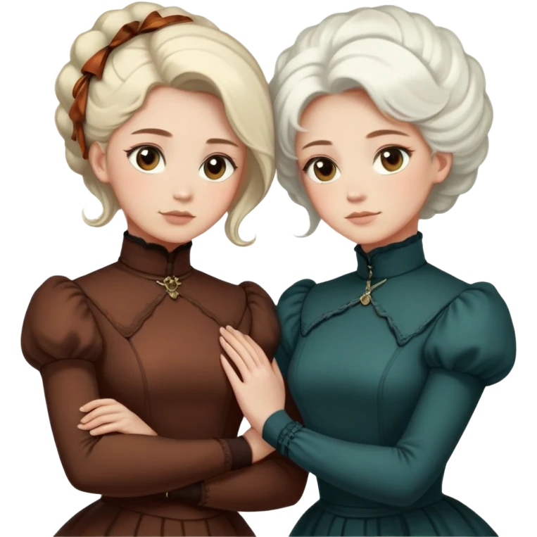 Two Victorian women with light eyes standing close together, one with bright pure white coiffed hair and one with dark copper coiffed hair, both wearing Victorian turtleneck dresses with their arms wrapped tightly around each other emoji