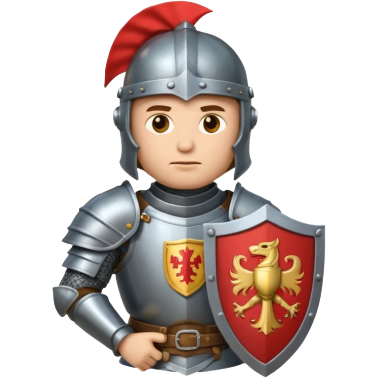 An emoji portrait of a medieval knight. He wears a suit of armor with a stylized helmet. His expression is serious and determined, and he holds a shield with a family crest. emoji