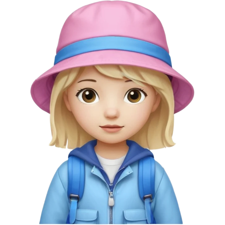 A little girl student white skin, blonde hair, with pink bucket hat, white jacket, blue backpack emoji