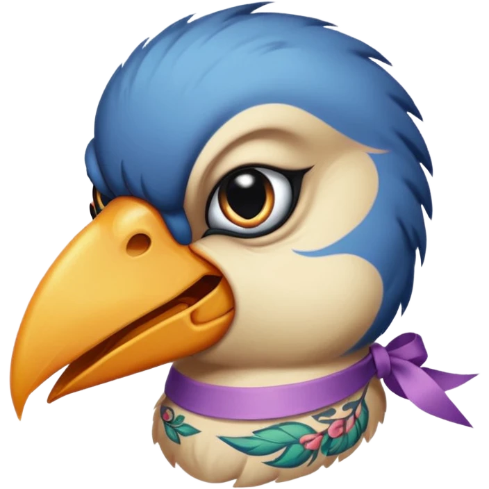 bird with piercings on beak and excessive face tattoos and ribbon two eyes emoji