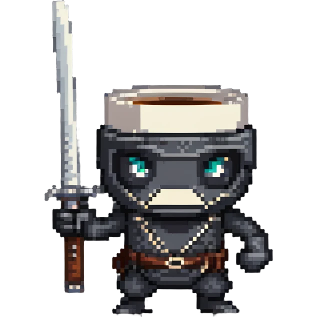 coffee mug with expressive eyes wielding a ninja sword emoji