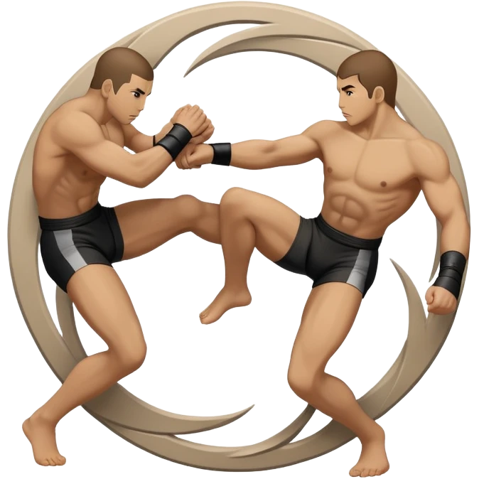 An icon symbolizing wrestling martial arts, featuring two stylized figures locked in a dynamic grappling pose. The background shows abstract elements representing strength and technique, with a circular design to represent unity and focus. Transparent background emoji