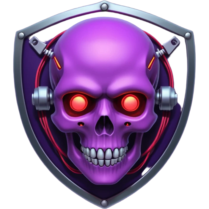 Cyberpunk shield, skull with cybernetic implants, glowing wires, dark purple and red tones, no background emoji