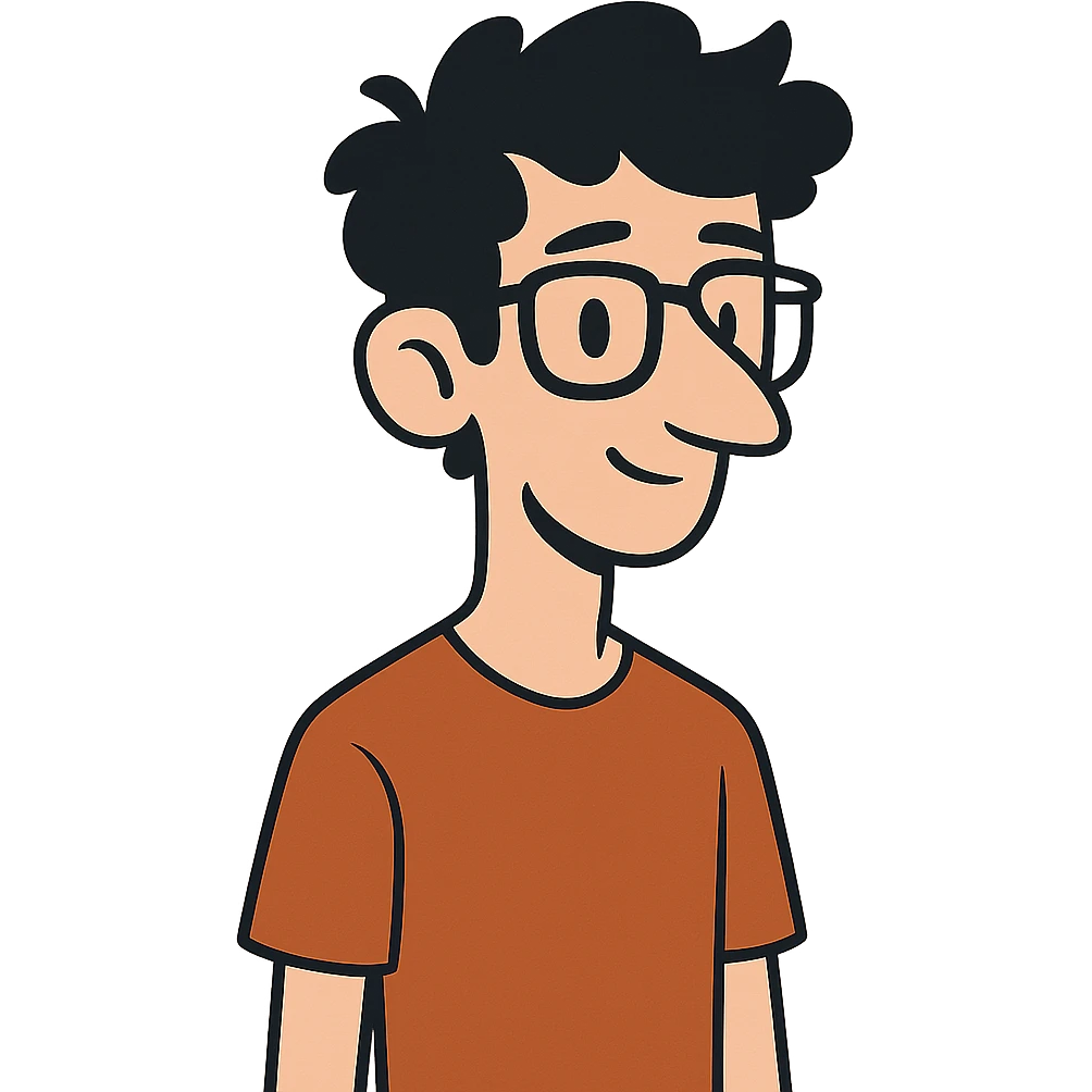 flat toon style skinny white boy with wavy black hair, big nose, black glasses emoji