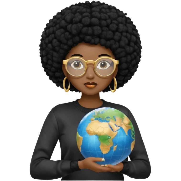 a young woman wearing gold round glasses and black afro hair, she has light black skin, she's wearing a professional sweater and she's holding a globe in her hand emoji