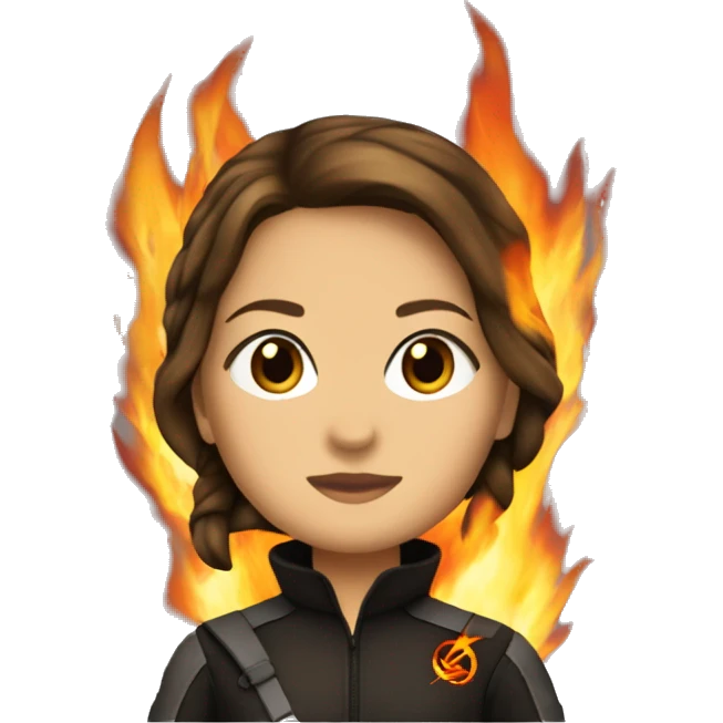 Katniss Everdeen behind fire with the mockingjay suit emoji
