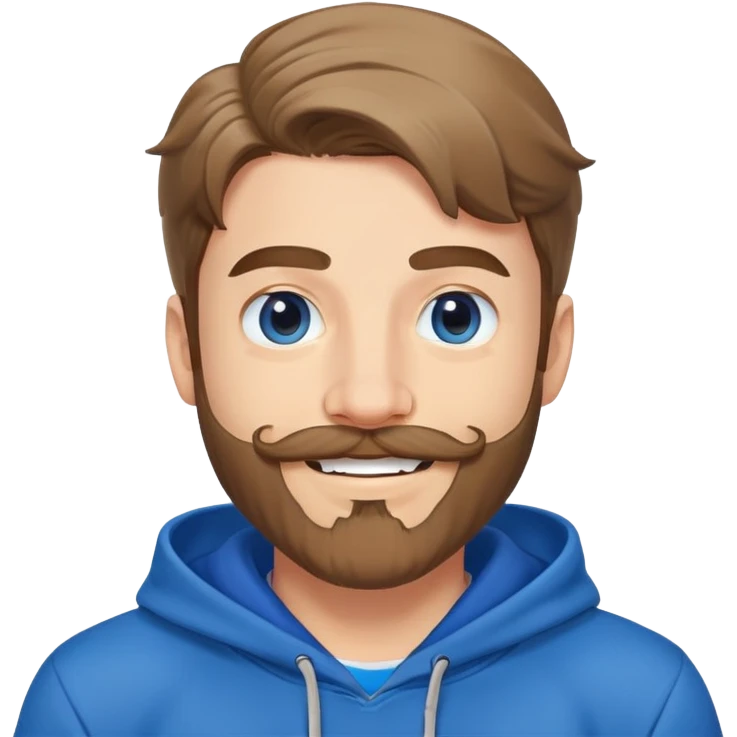 Mr. Beast wearing a blue hoodie, mustache and beard, big friendly smile emoji