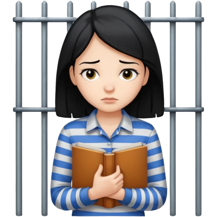 girl with black hair behind bars holding a book, casual shirt top emoji